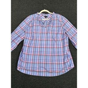 Talbots Popover Tunic Women's 2X Plus Blue Plaid V-Neck Beach Cotton Boho